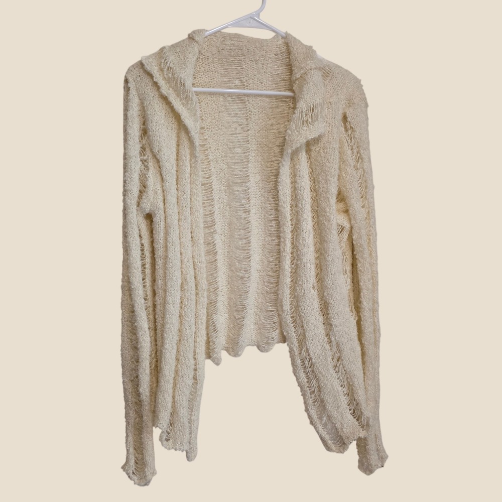 Musera Womens Cardigan Sweater Large Cream Distressed Ladder Knit Open Soft Girl